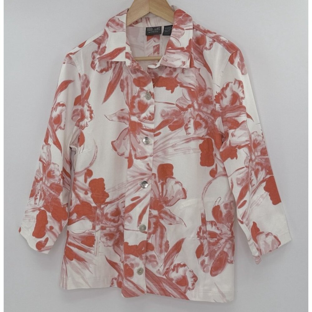 Additions by Chico's Cotton Blend Floral Button Up‎ 3/4 Slv Jacket Sz 3 Preppy